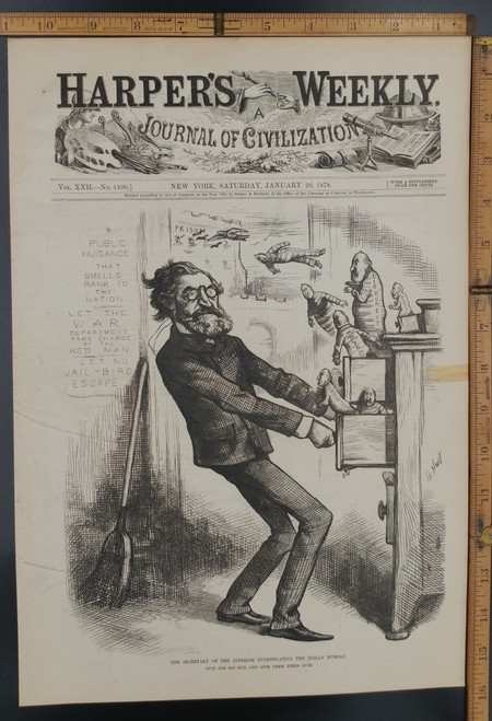 The secretary of the interior CARL SCHURZ investigating the Indian Bureau by Thomas Nast. Corruption fraud dishonesty and prison. Original Antique Print 1878.