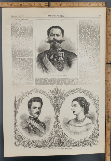 Victor Emmanuel the second late king of Italy. Humbert the first, king of Italy, and queen Marguerite. Original Antique Print 1878.