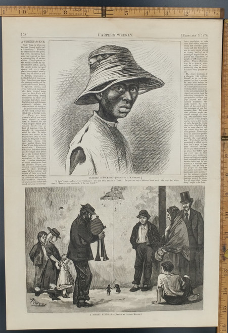 Injured innocence drawn by C. M. Coolidge. A drawing of an African American man with a torn shirt and chicks in his hat. Street musician drawn by Alfred Kapper. Original Antique Print 1878.
