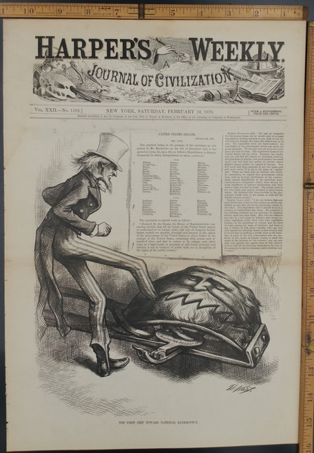 The first step toward national bankruptcy by Thomas Nast. UNCLE SAM FOOT IN STANLEY MATTHEWS ANIMAL COIL SPRING TRAP. Original Antique Print 1878.