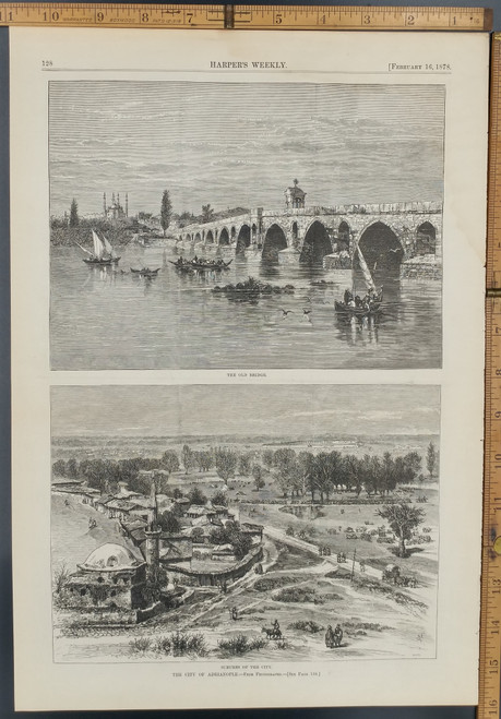 The city of Adrianople. The Old Bridge. Original Antique Print 1878.