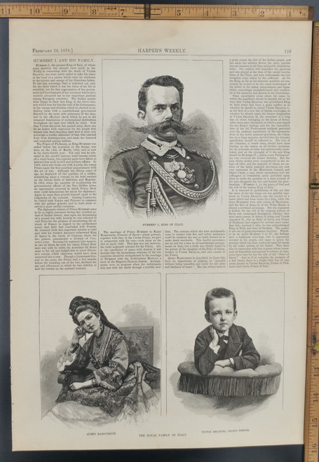 The Royal Family of Italy: King Humbert, Queen Marguerite and the little Crown Prince Victor Emanuel. Crazy mustache. Original Antique Print 1878.