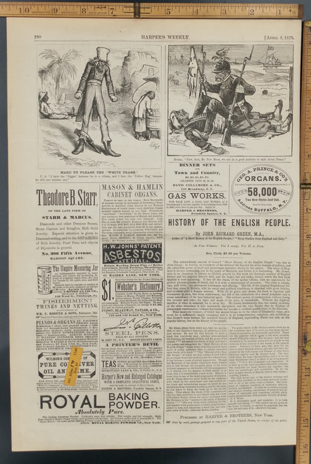 Hard to please the white trash by Thomas Nast. Uncle Sam is confused. He is supposed to hate the “nigger” for earning the right to vote, and hate the “Yellow Dog” because he has not yet earned the right. Original Antique Print 1878.