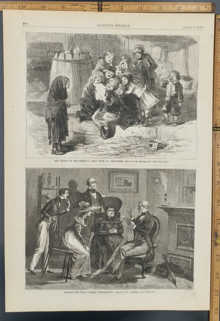 Reading the will great expectations by WA Rogers. Art critics on the street a relic from an Ash-Barrel drawn by Sol Eytinge, Jun. Original Antique Print 1878.