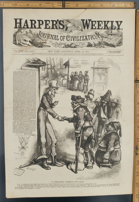 An international conference about money by Thomas Nast. Uncle Sam, Matthews Resolution, Credit Street. Original Antique Print 1878.