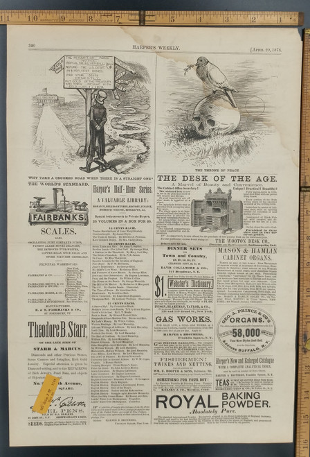 Why take a crooked road when there is a strait one? by Thomas Nast. Repeal the Silver Bill and go back to Gold. The Throne of Peace, a Dove on a Human Skull. Ad for the desk of the age. Original Antique Print 1878.