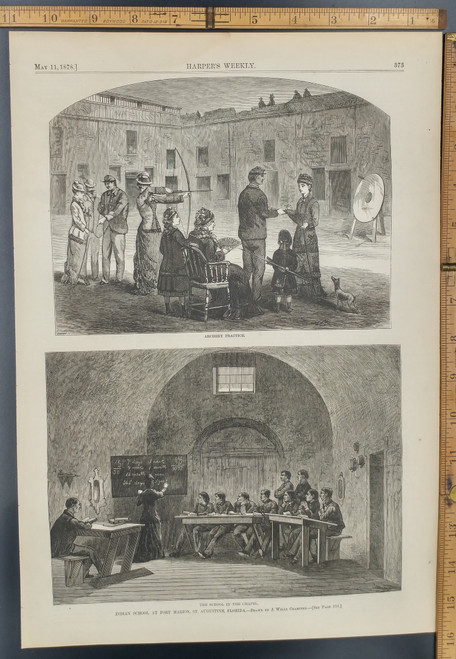 Women practicing archery. The School in the Chapel. Indian School at Fort Marion, St. Augustine, Florida as drawn by J. Wells Champney. Original Antique Print 1878.