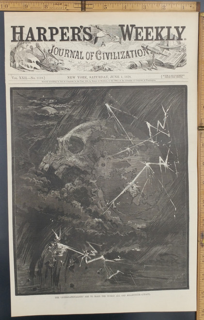 The "Internationalists" are to make the world all one Millennium (Chaos) by Thomas Nast. Skull Globe Lightning Global Unity Great Evil. Original Antique Print 1878.