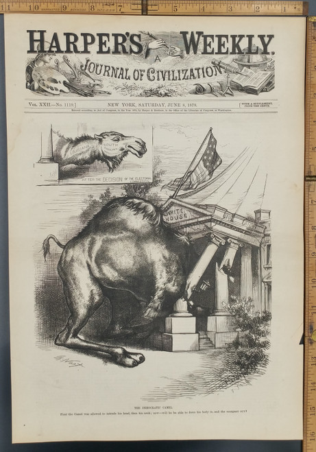 The Democratic Camel by Thomas Nast. Decision of the electoral commission, Louisiana and South Carolina. Camel in the White House. Democrat. Original Antique Print 1878.