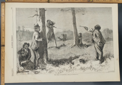 The duello in Blackville by Sol Eytinge, Jun. Black Americana, duel with guns. Original Antique Print 1878.