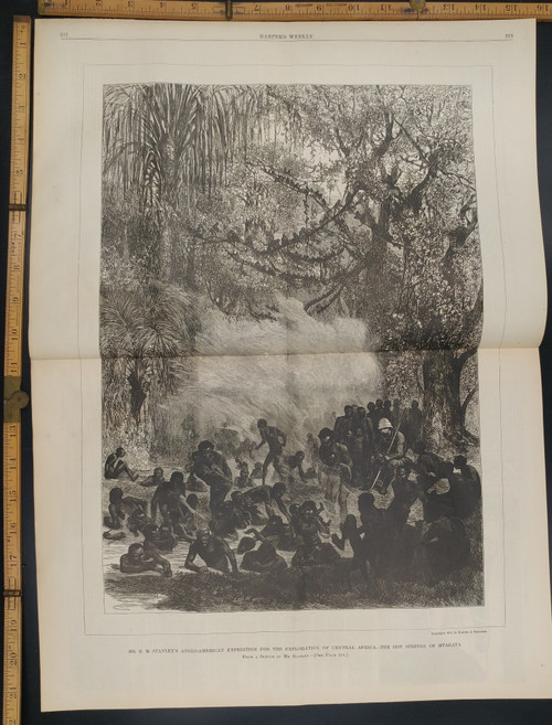 Stanley's Anglo-American Expedition for the exploration of Central Africa from a sketch by H. M. Stanley. The Hot Springs of Mtagata. Natives in the jungle and monkeys in the trees. Extra Large Original Antique Print 1878.
