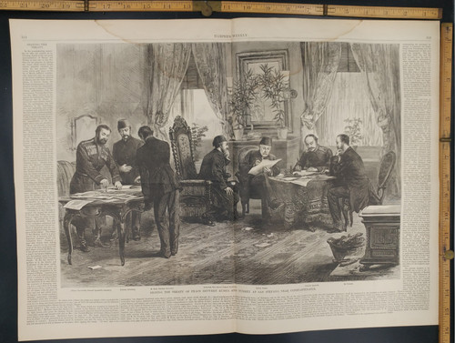 Signing the treaty of peace between Russia and Turkey at San Stefano, near Constantinople: Prince Tzereteleff and general Ignatleff. Extra Large Original Antique Print 1878.