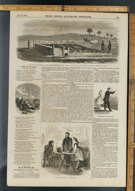 Rebel Floating Battery Driven by a storm on Folly Island South Carolina from 1864. Linda the Dancing Girl of Cafe St. Nichol by Mrs. M. A. Denison. A Vision in the Night by Henry C. Watson.