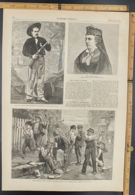 Dr. W. F. Carver, the celebrated marksman with his lever action rifle. Inaugurating the glorious Fourth of July. Mrs. Agnes D. Jenks. Kids making noise and shooting guns. Original Antique Print 1878.