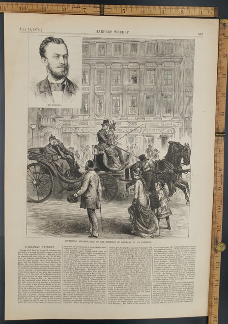 Attempted Assassination of the Emperor Willhelm of Germany by Dr. Karl Eduard Nobiling. Original Antique Print 1878.