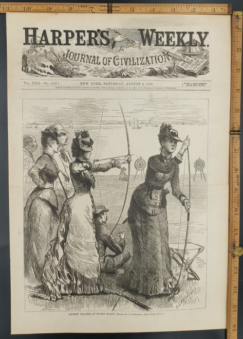 Archery practice on Statan Island drawn by C. S. Reinhart. Women with longbows. Original Antique Print 1878.