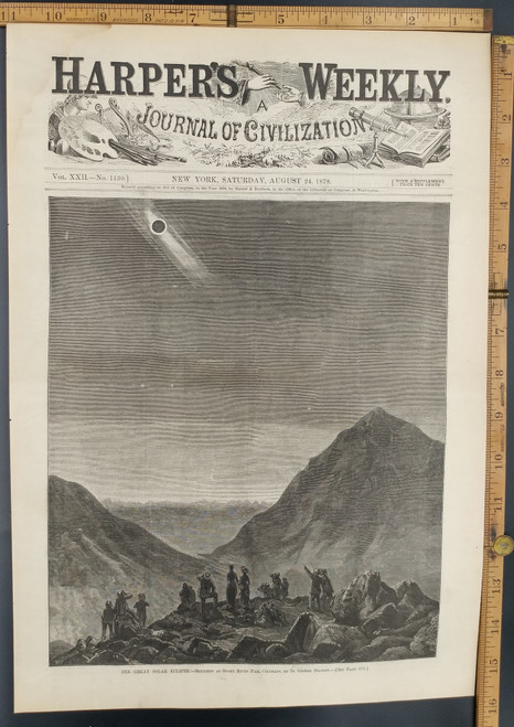 The Great Solar Eclipse at Snake River Pass, Colorado. Out in nature at night back in the olden days. Original Antique Print 1878.