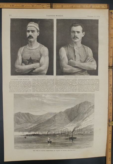The port of Batum, surrendered by Turkey to Russia. Charles E. Courtney and Edward Hanlan, oarsman. Men with moustaches. Original Antique Print 1878.