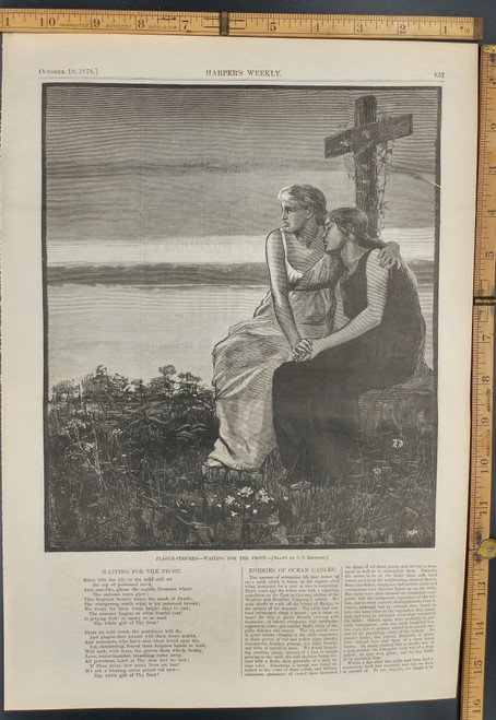 Plague Stricken, Waiting for the frost drawn by C. S. Reinhart. Haunting scene of two women by a cross. Original Antique Print 1878.