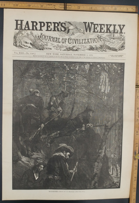 Moonshiners drawn by C. S. Reinhart. Moonshine, in the woods and men with guns. Original Antique Print 1878.