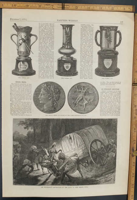 An unpleasant adventure on the road to Peer Merde, India. Oxen pulling a wagon. The Triton Cup, Passaic Cup, Eureka Cup and other Rowing Prizes. Grand Medal of Honor of the Paris Exposition. Original Antique Print 1878.