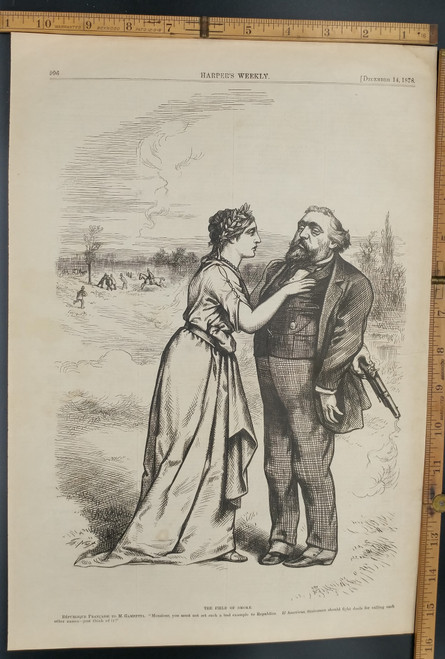 The field of smoke by Thomas Nast. Republique Francaise to M. Gambetta. Lampooning Politicians & Dueling. Original Antique Print 1878.