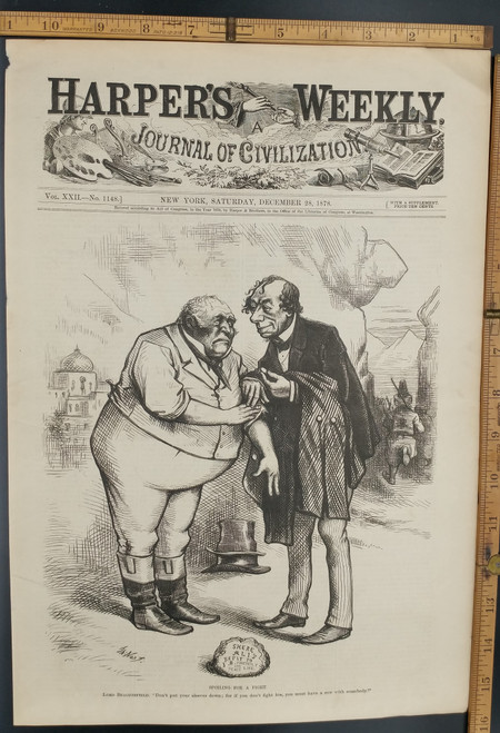 Spoiling for a fight by Thomas Nast. Sher Ali Khan, Amir of Afghanistan. Benjamin Disraeli. International relations Afghanistan, Russia and Great Britain. Original Antique Print 1878.