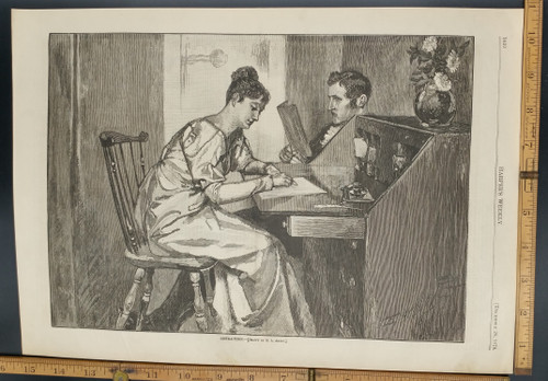 Distraction drawn by E. A. Abbey. A Victorian Era woman writing while a man reads. Nice old desk. Original Antique Print 1878.