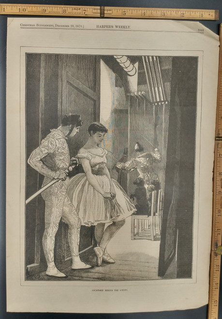 Courtship behind the scenes. Romance on the stage. Young love in the world of theater. Original Antique Print 1878.