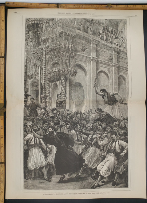 A pilgrimage to the Holy Land, the great ceremony of the Holy Fire. Extra Large Original Antique Print 1878.