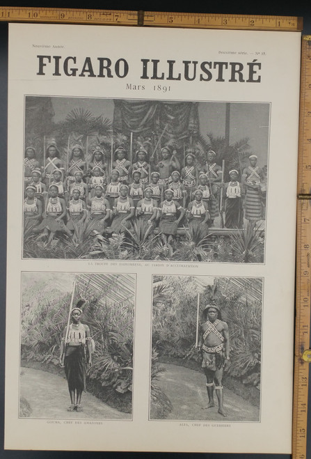 Gouma, Chef Des Amazones. Alfa, Chef des Guerriers. La troupe des Dahomeens, au Jardin D'acclimatation. Amazon and Warrior chiefs. Original Antique Print 1891.