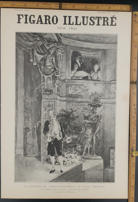 Le theatre de Marie-Antoinette au petit Trianon. The theater of Marie-Antoinette at the small Trianon. An actor on the stage. Original Antique Print 1891.