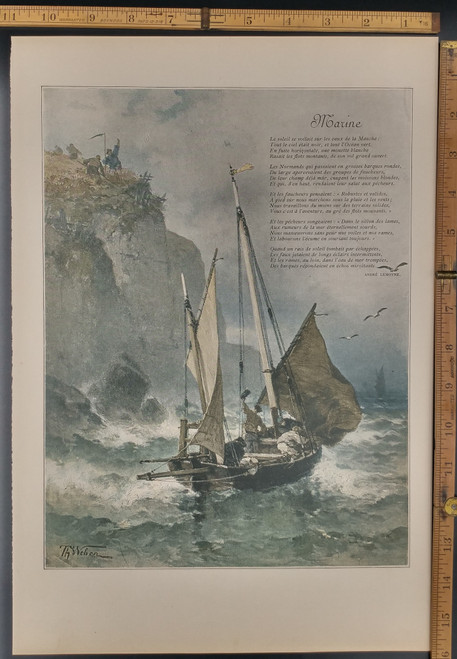 Marine poem by Andre Lemoyne. Painting of a boat and rocky coast by Th Weber. Original Antique Print 1891.