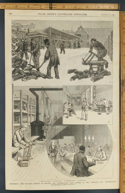 Western method of helping the unfortunate poor: Scenes at the Friendly Inn Minneapolis from 1887 showing the Woodyard, Social Hall, Sleeping Room and Dining Room.