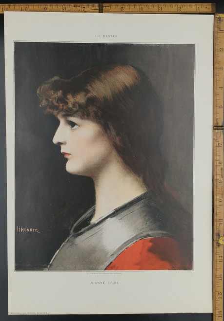 Great depiction of Jeanne D'Arc(Joan of Arc) by JEAN JACQUES HENNER. Famous woman in armor. Original Antique Print 1891.