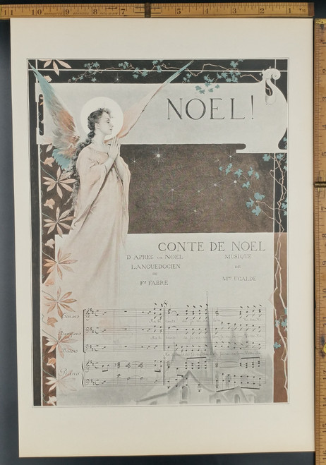 Conte De Noel Musique de M. Ucalde. Beautiful Angel with wings. A Christmas Tale. Original Antique Print 1891.