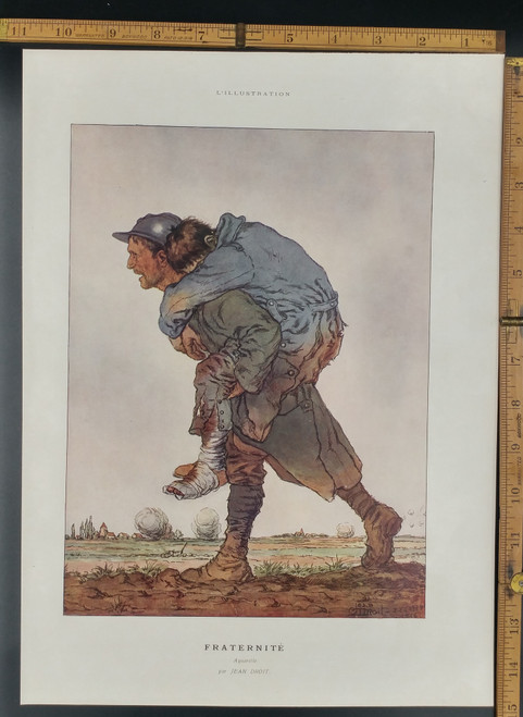 Fraternite Watercolor by Jean Droit.  A French soldier carries a wounded comrade on his back from the scene of battle. Original Antique Print 1917.