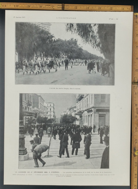 The arrival of French sailors in the morning. A crowded street in Athens. Original Antique Print 1917.