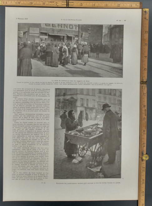 The sale of fuel in retail stores. Four-season merchant selling split logs. Original WWI Antique Print 1917, photo.