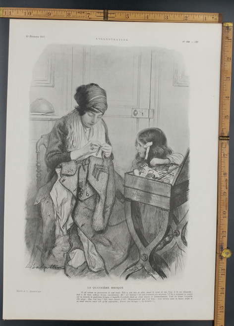 The Fourth Brisque Drawing by L. Sabattier. Military wife repairing her husbands uniform while the daughter watches. Original WWI Antique Print 1917.