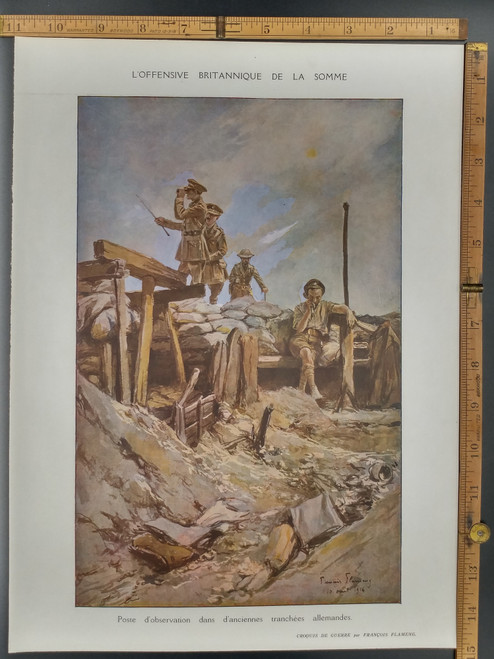 Observation post in former German trenches. The British offensive of the Somme. Sketch of War by Francois Flameng. Original WWI Antique Color Print 1917.