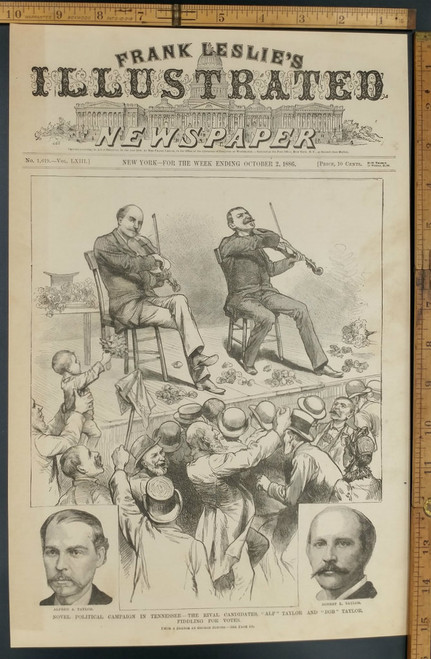 Political campaign in Tennessee: The rival candidates Alf(Alfred) Taylor and Bob Taylor Fiddling for votes. Engraving from 1886.