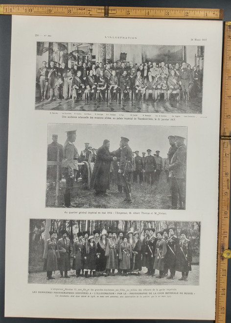 The Emperor Nicholas II, his son and the Grand duchesses his daughters, among the officers of the Imperial Guard. A solemn audience of the Allied missions, at the Imperial Palace of Tsarskoie-Selo. Original WWI Antique Print 1917, photo.