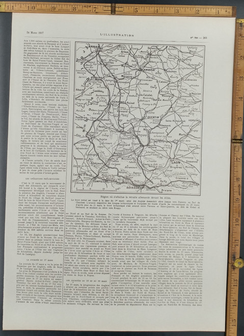 War Map of the region where the German retreat takes place before the Allies. Cambrai, Arras, Quentin and Laon. Original WWI Antique Print 1917, photo.