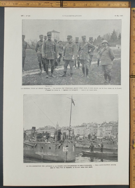 The collaboration of the Japanese in the hunt for submarines in the Mediterranean. Two destroyers berthed in the Old Port of Marseilles, where they came to stop. General Foch to the Italian Front. Original WWI Antique photo 1917.