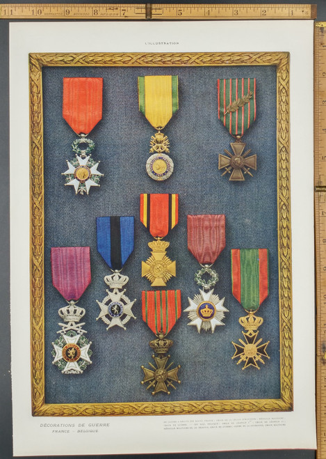 France-Belgium war Decorations: Cross of the Legion of honour, Cross of Leopold, Order Of The Crown and more. Original WWI Antique Color Print 1917.