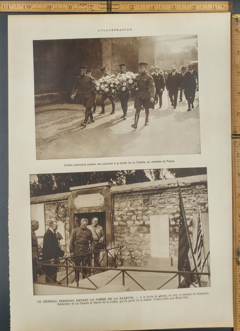 American soldiers carrying a wreath at the Tomb of La Fayette, Picus cemetery. General Pershing in front of the Tomb of the Fayette. Original WWI Antique photo 1917.