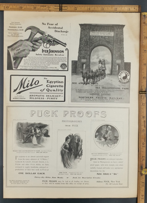 Ads  for Yellowstone National Park, Milo Egyptian Cigarette and Iver Johnson Safety Automatic Revolver. Original Antique Print 1906.