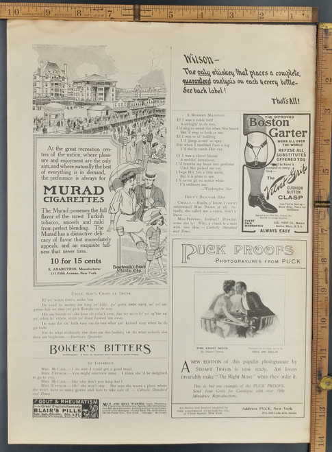 Ads for Boston Garter, Wilson Whiskey, Murad Cigarettes Boardwalk Atlantic City and Boker's Bitters. Original Antique Print 1906.