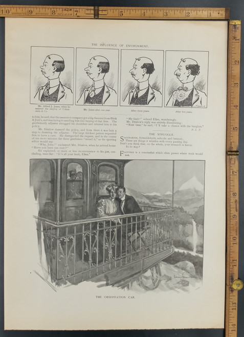 The railroad observation car. Romance and a bald man. Original Antique Print 1906.